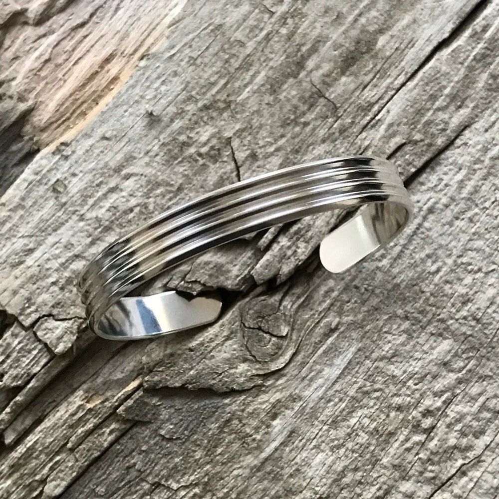 Shiny Sterling Silver Pinstripe Open Cuff Bangle Handmade 10x2mm Wide